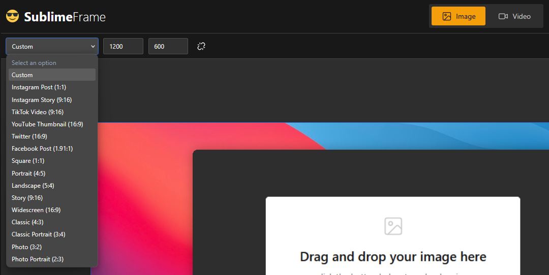 Social size presets - SublimeFrame animated image creator feature preview showing social size presets functionality