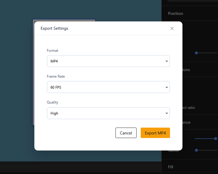 Export dialog showing WEBM and MP4 format options with quality settings for downloading animated images and videos